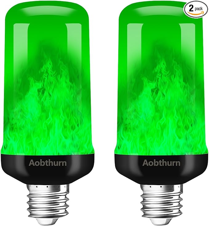 Flame Light Bulbs, 4 Modes LED Flame Effect Light Bulb, E26 Base Flickering Light Bulb with Gravity Sensor,Flickering Light Bulbs Halloween Home Party (Green-2 Pack), AF240301A
