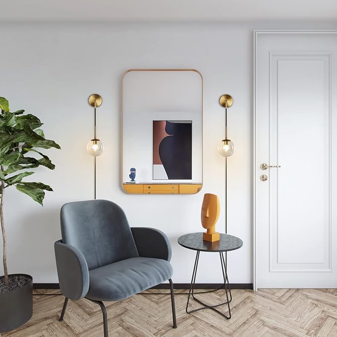 KCO Lighting Modern Plug in Wall Sconce Set of 2 Gold Glass Globe Bathroom Wall Sconce Mid Century Adjustable Wall Lamp Plug in for Corridor Bedroom Entryway (Amber & 2-Pack)