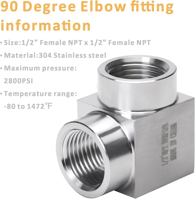 90 Degree Street Elbow - 1/2" NPT Female to 1/2" NPT Female Stainless Steel 304 Heavy Duty Forged Square Barstock Street Elbow Adapter Pipe Fitting (pack of 5)