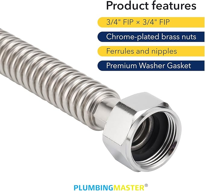 Stainless Steel Corrugated Water Heater Connector, 18-Inch, 3/4" FIP* 3/4" FIP hot and cold Corrugated Water flexible hose, Leak-Proof, 10-Year Warranty, 2-pack