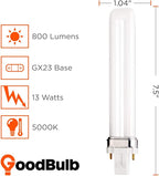 GoodBulb 13 Watt CFL Light Bulbs | 2 Pin GX23 Base 5000K Daylight | 13W High Output 800 Lumens | Single Tube Compact Fluorescent Light Bulbs Plug-in | Car Dealership Lighting | 10 Pack
