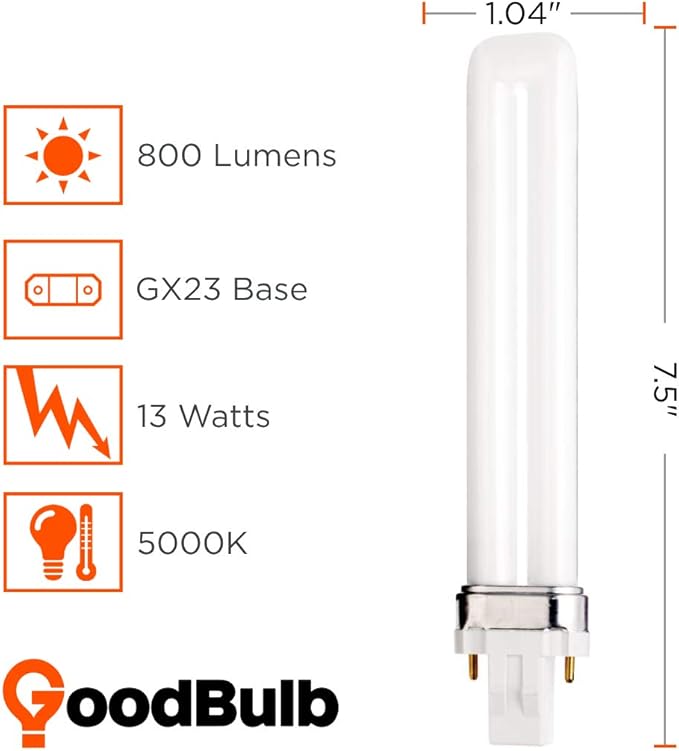 GoodBulb 13 Watt CFL Light Bulbs | 2 Pin GX23 Base 5000K Daylight | 13W High Output 800 Lumens | Single Tube Compact Fluorescent Light Bulbs Plug-in | Car Dealership Lighting | 10 Pack