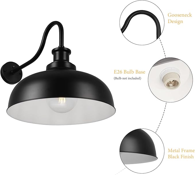 Dusk to Dawn Outdoor Gooseneck Barn Light,16 Inch Dome Outdoor Wall Sconce Farmhouse Exterior Wall Mount Light Wall Lighting Fixture Industrial Black Wall Lantern for Porch Garage, 3 Pack