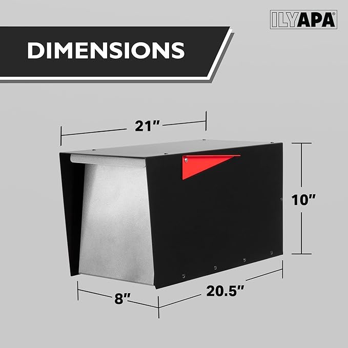 Ilyapa Modern Mailbox for Post Mount - Black with Gray Door Powder Coated Steel, Waterproof Letter Box for Parcels, with Recessed Magnetic Close Door