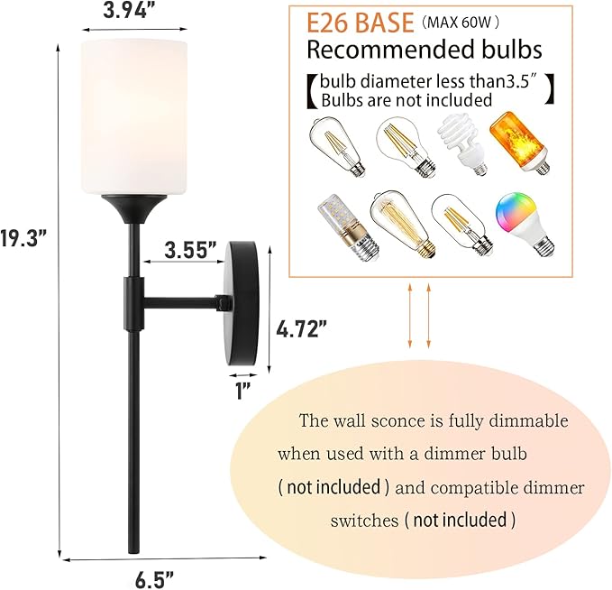 Mid Century Modern Wall Lamp 2 Pack with White Cylinder Glass Shades Matte Black Wall Sconce Bathroom Vanity Lighting Industrial Farmhouse Wall Light Fixtures for Mirror Bedroom Living Room