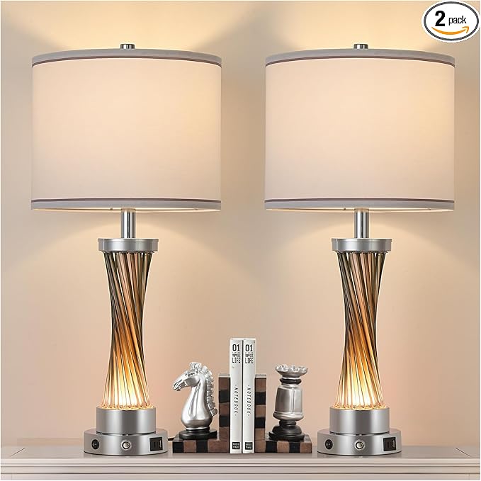 3-Way Dimmable Table Lamp Set of 2,Touch Control Lamp with Night Light,Modern Crystal Table Lamps for Bedroom,Living Room，Bedside Lamps with USB A+C Ports，Fabric Lampshade(Blubs Included)