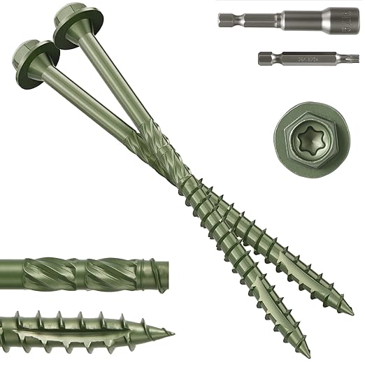 #14 x 4 Wood Structural Screws 300 Pack Hex Head Lag Screws, Rust Resistant Timber Screws for Timber/Log/Landscaping Wood (Green)