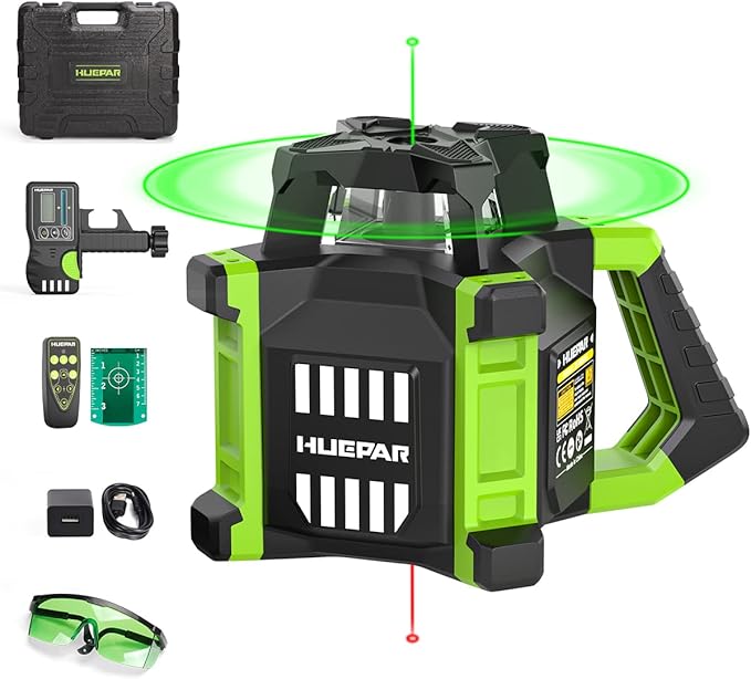 Huepar Electronic Green Rotary Laser Level + Plumb Points, Self-Leveling Horizontal/Vertical Rotary Laser Kit 800M W/Goggles, Receiver, Target Plate, Remote Control, Li-ion Battery & 5V2A Adapter