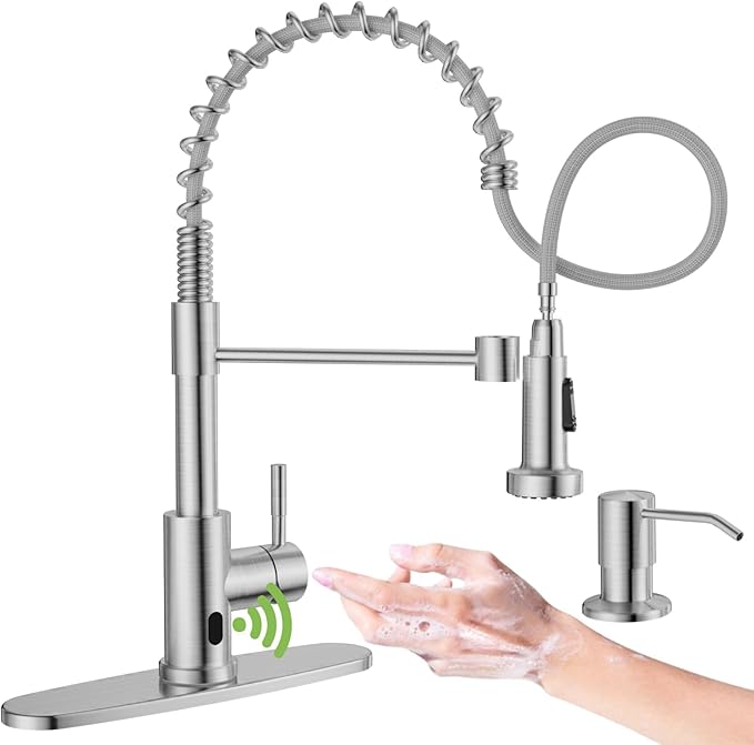 APPASO Touchless Kitchen Faucet with Soap Dispenser, Motion Sensor Activated Hands-Free Automatic Faucet with Pull Down Sprayer, Smart Faucets for Kitchen Sink Brushed Nickel (Battery-Powered)