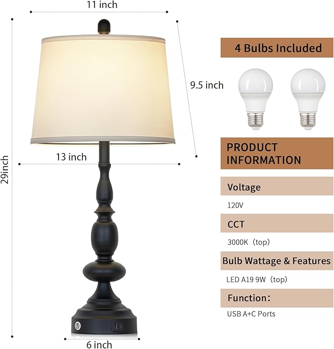 29" Black Modern Table Lamps Set of 2, Industrial Touch Control 3-Way Dimmable Bedside Lamp with USB C+A Ports, Metal Nightstand Lamps for Living Room Bedroom Office Home(2 LED Bulbs Included)