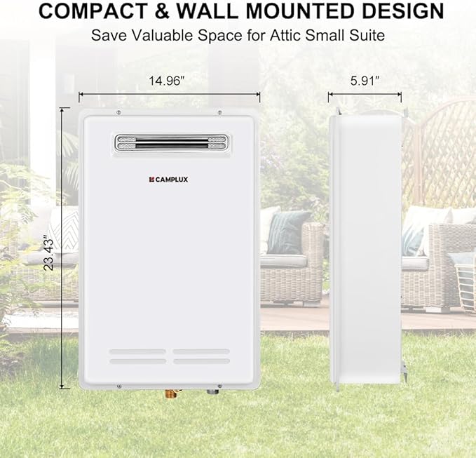 CAMPLUX Climatech 5 150,000 BTU Tankless Water Heater Propane Outdoor, 5.28 GPM On Demand Instant Tankless Hot Water Heater Liquid Propane, Outdoor Installation, White, WA528
