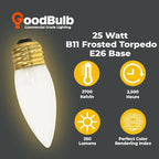 GoodBulb 25-Watt Incandescent Torpedo Light Bulbs B10 Frosted Finish Medium E26 Base 2700K Warm White Color Dimmable 175 Lumens Pack of 12 Bulbs