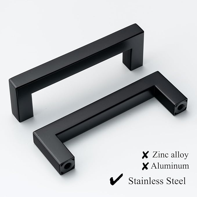10 Pack Black Cabinet Handles Stainless Steel Matte Black Square Cabinet Pulls Modern Kitchen Cabinet Drawer Handles 3 3/4 Inch Hole Center 96mm