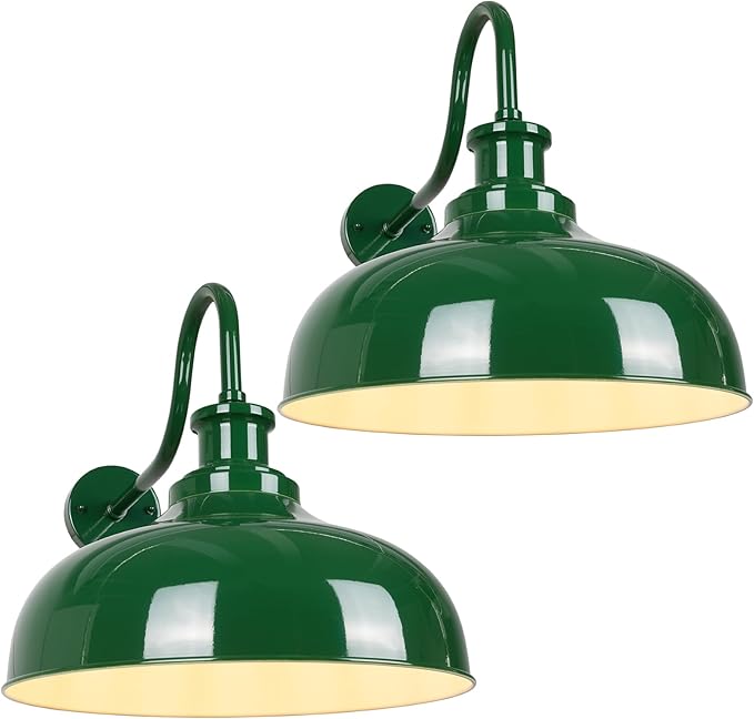 Outdoor Gooseneck Barn Lights, 16 Inch Dome Rustic Outdoor Wall Sconces, Farmhouse Exterior Wall Mount Lighting Fixture, Industrial Green Wall Lantern for Porch, Entryway, Garage, RZ007L-2 GR+WH