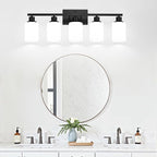 5-Light Black Bathroom Vanity Light Fixture with Milky White Frosted Glass Shades, Bathroom Light Fixture for Mirror, Matte Finish, Reversible Up/Down Lighting for Bedroom, Living Room, Hallway