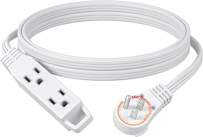 DEWENWILS 10FT Flat Plug Extension Cord, 3 Prong Ultra Thin Power Strip, 360° Rotating Plug, 13A/125V/1625W, 16 Awg Grounded Flat Power Cable for Indoor Narrow Space, SPT-3, ETL Listed, White