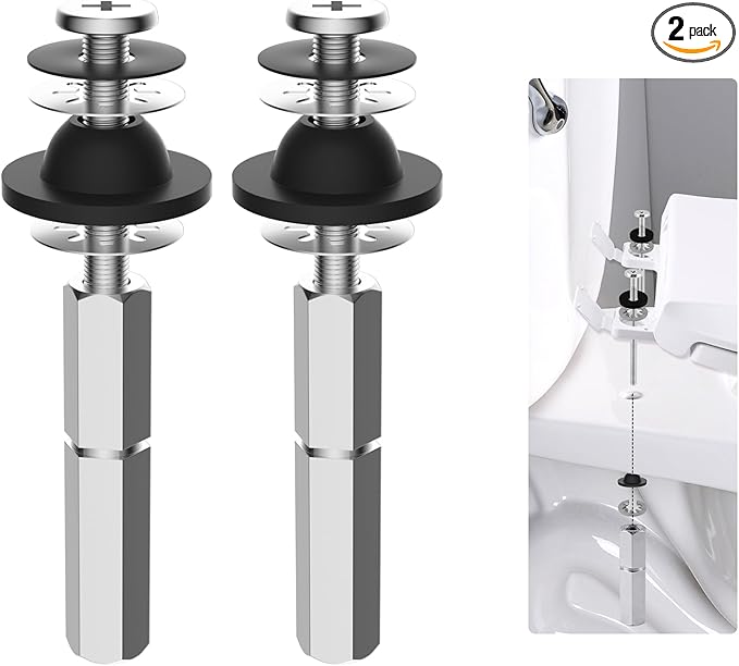 Hibbent 2 PCS Universal Toilet Seat Bolts Kit, Heavy Duty Stainless Steel Toilet Bolts with Extra Long Downlock Nuts Rubber Washers Gaskets, Easy to Install -Bathroom Toilet Repair Screw