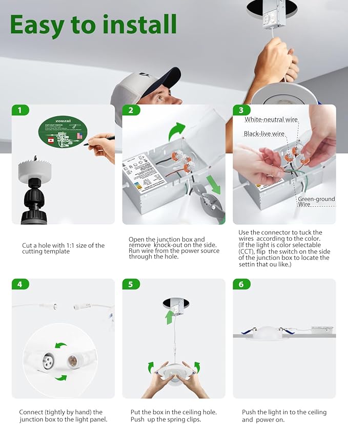 zouzai 4 inch 5CCT Gimbal Led Recessed Lights, 360°+90° Adjustable Directional Recessed Lighting, 2700K/3000K/3500K/4000K/5000K Dimmable Retrofit Eyeball Can Lights with Jbox, ETL(White, 1 Pack)
