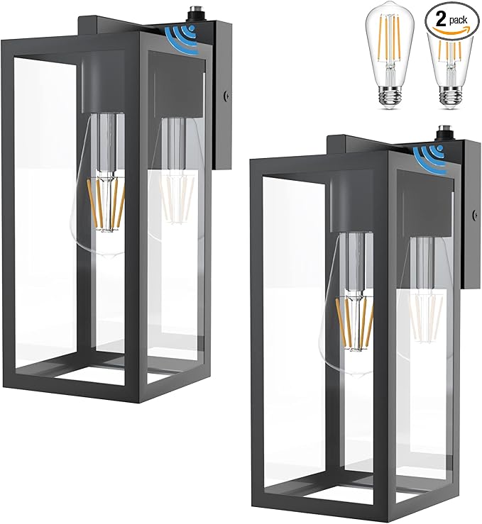 Aipsun Outdoor Wall Lantern 2 Packs with Dusk to Dawn Sensor, Matte Black Sensor Exterior Light Fixtures,Exterior Wall Sconce with Clear Glass Shade(2700K E26 Bulbs Include)