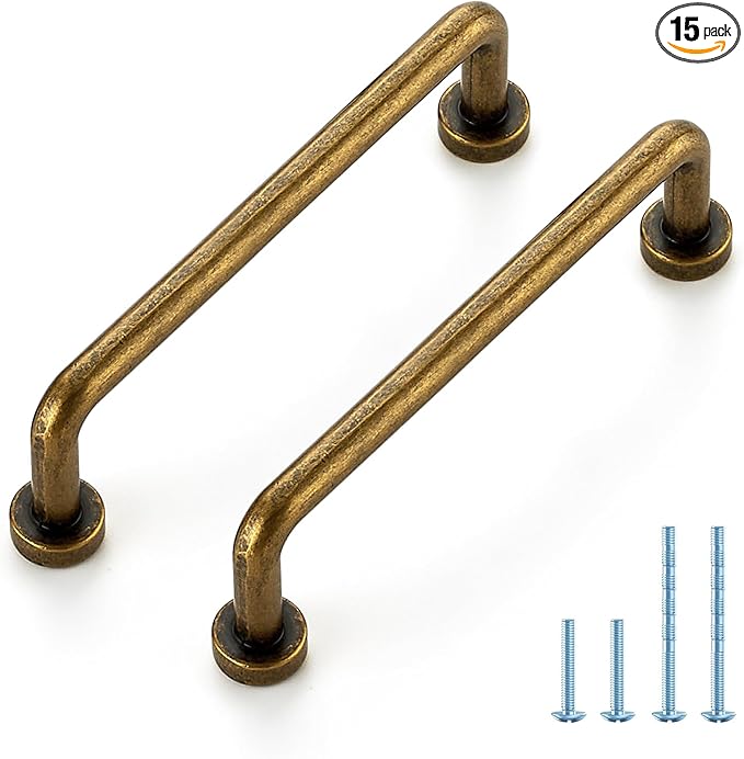 JOY DECOR Cabinet Pulls – 3-3/4 Inch Hole Center, Antique Brass, 15 Pack, Zinc Alloy Cabinet Handles for Drawers & Cupboard – Vintage Style Hardware for Kitchen, Bathroom, Dresser, Furniture Makeover