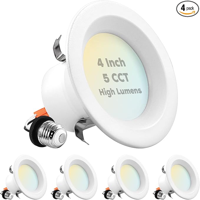 LUXRITE 4 Inch LED Recessed Can Lights, 14W=75W, 5 Color Options 2700K-5000K, 950 Lumens, Dimmable LED Retrofit Kit, Wet Rated, IC Rated, Recessed Ceiling Lights, Energy Star, ETL Listed (4 Pack)