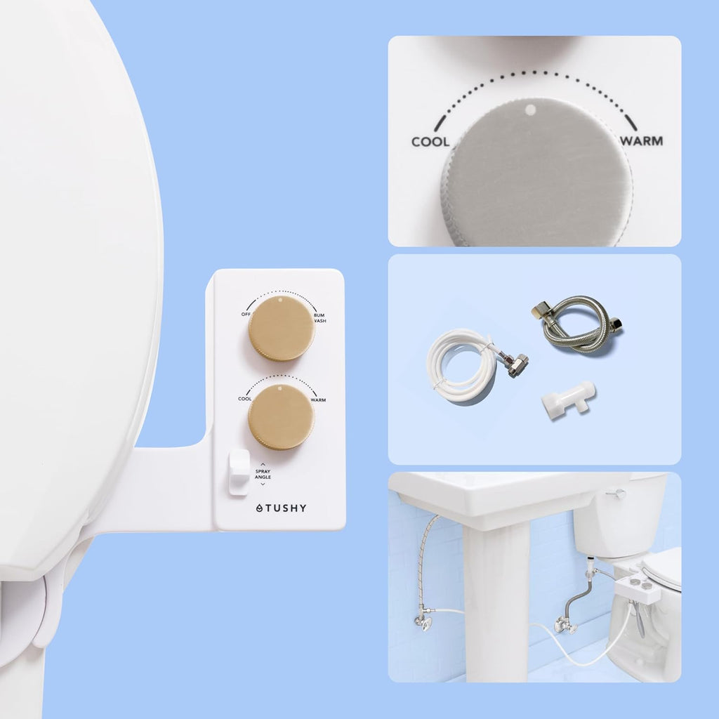 TUSHY Spa Royale Warm Water Bidet Seat Attachment. Self Cleaning Water Sprayer, Adjustable Pressure Nozzle, Angle Control. (Requires Sink Access for Water Temperature Control), Gold Knobs