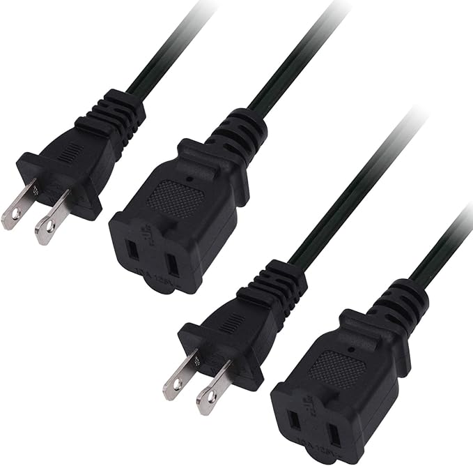 2-Pack Extension Cord 2 Prong, 5FT Short and Small Etension Cords Male/Female Indoor Power Cable for NEMA 1-15P to NEMA 1-15R Black
