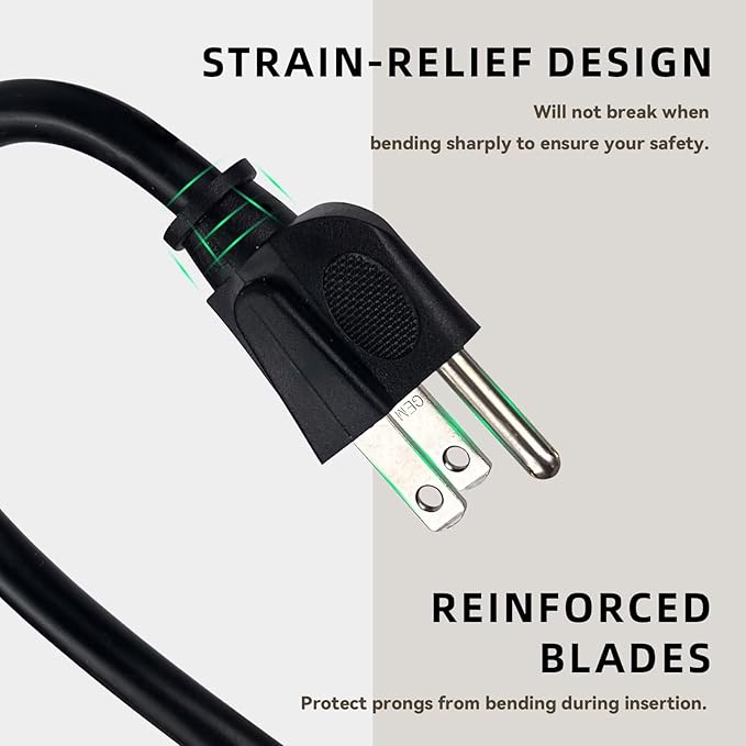8ft Outdoor Extension Cord for Christmas Decorations - 16/3 Heavy Duty SJTW Waterproof Black Electrical Cable with 3 Prong Grounded Plug for Safety, Great for Lawn and Major Appliances