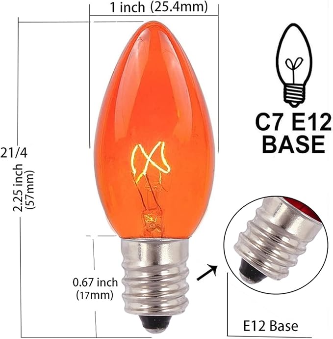 25 Pack Orange Replacement Bulbs C7 Halloween Glass Replacement Bulbs for Outdoor String Light, Patio Lights, C7/E12 Candelabra Base 5 Watt Great for Night Lights and Halloween Bulbs