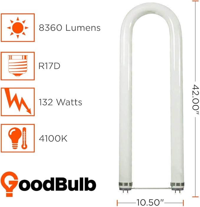 GoodBulb 132-Watt 6 Inch T12 Fluorescent U-Bend Light Bulb 4100K Cool White Light Color Medium Bi-Pin Base High Output 8360 Lumens 10000 Life Hours 62 CRI Pack of 6 Bulbs