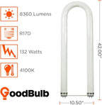 GoodBulb 132-Watt 6 Inch T12 Fluorescent U-Bend Light Bulb 4100K Cool White Light Color Medium Bi-Pin Base High Output 8360 Lumens 10000 Life Hours 62 CRI Pack of 6 Bulbs