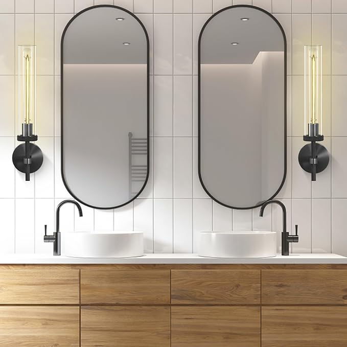 Black Wall Sconces Set of Two, 19" Knurled Black Sconces Wall Lighting, Tube Glass Bathroom Sconces Wall Lights for Bedroom Living Room Vanity Sconce Wall Lamp for Hallway, Staircase
