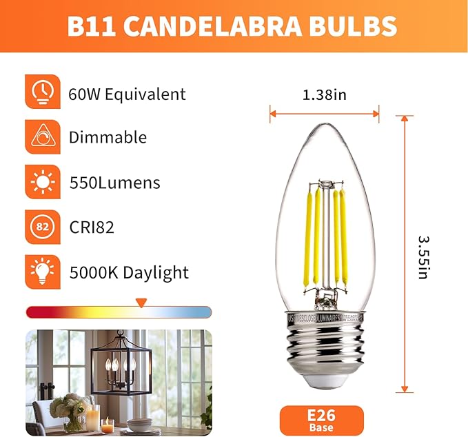 ALAMPEVER Dimmable 6-Pack B11 Candelabra LED Light Bulb, 60W LED Chandelier Light Bulb, E26 Base, 5000K Daylight, 550LM