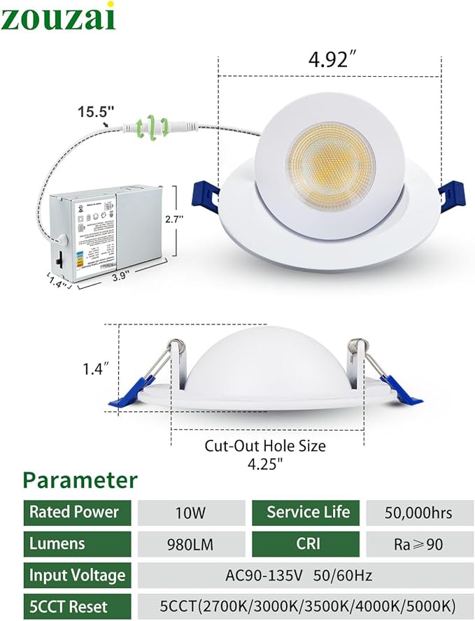 zouzai 4 inch 5CCT Gimbal Led Recessed Lights, 360°+90° Adjustable Directional Recessed Lighting, 2700K/3000K/3500K/4000K/5000K Dimmable Retrofit Eyeball Can Lights with Jbox, ETL(White, 1 Pack)