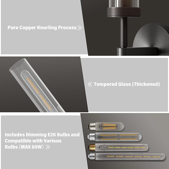 Black Wall Sconces Set of 2, Double Lights 30" Knurled Texture Indoor Wall Light Fixtures, Bathroom Vanity Light Fixtures with Clear Glass, Modern Wall Lamp for Living Room Hallway(Bulb Included)