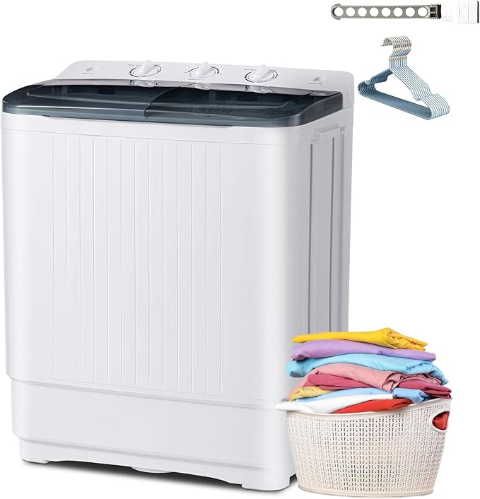 32 lbs Compact Mini Twin Tub Washing Machine with Drying Rack&10 Hangers, 20 lbs Washer Mini Compact Laundry Machine and 12 lbs Spinner, Convenient and Efficient for Dorms, Apartment