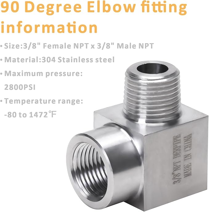 90 Degree Street Elbow - 3/8" NPT Male to 3/8" NPT Female Stainless Steel 304 Heavy Duty Forged Square Barstock Street Elbow Adapter Pipe Fitting (pack of 2)