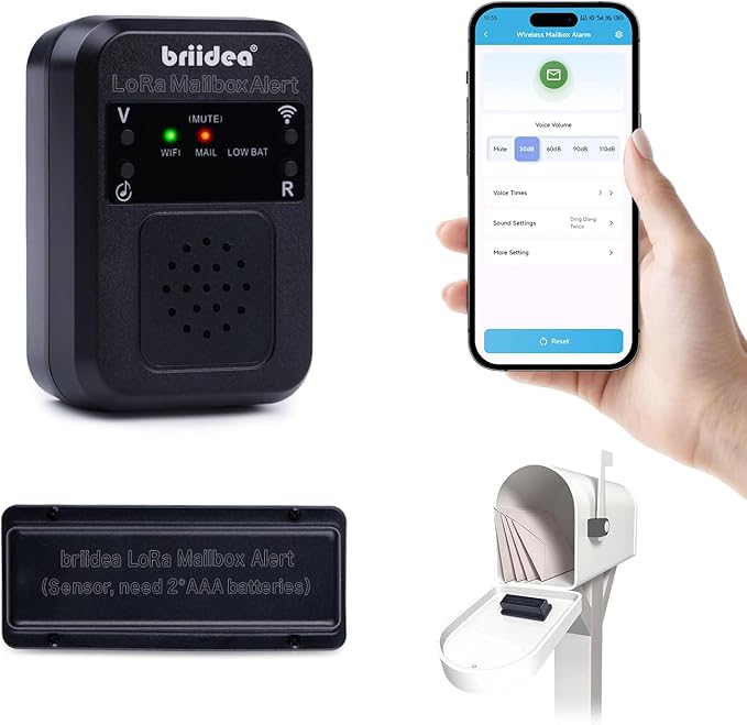 Briidea WiFi Mailbox Alert with LoRa Technology Up to 1200ft Long Range, Updated Sensing Technology Fits for Any Mailbox Type, 2.4 & 5GHz Dual-Band WiFi Compatible