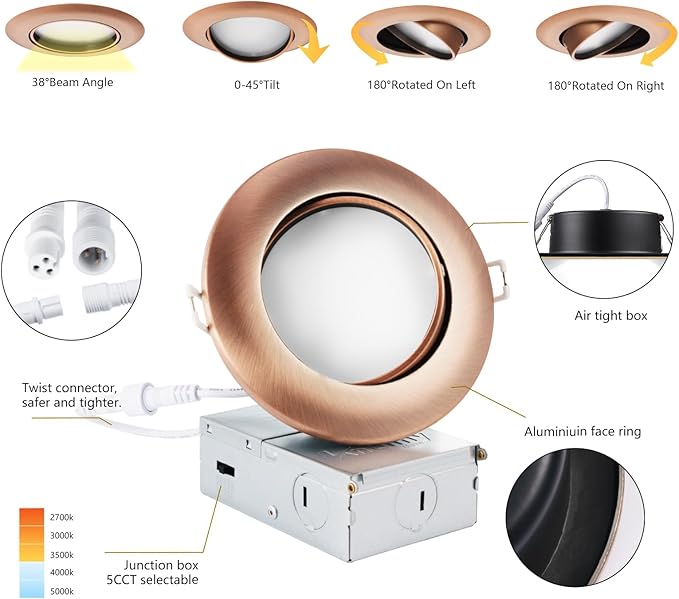 Oil Rubbed Bronze 4 Inch Led Recessed Lights 6 Pack,Ajustable Led Eyeball Gimbal Light,4 Inch Ceiling Light with Junction Box,5CCT Selectable,9W 750LM,Dimmable,ETL Listed