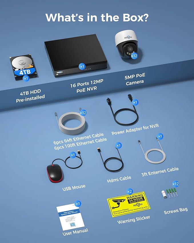 【360°View】 Hiseeu 12MP NVR 12 Pcs PoE PTZ Cameras, 350°Pan 90° Tilt，Auto Human Tracking, Human Vehicle Detect, 2 Way Audio, 7/24 Record&Playback，4TB HDD for Home Surveillance Outdoor Indoor