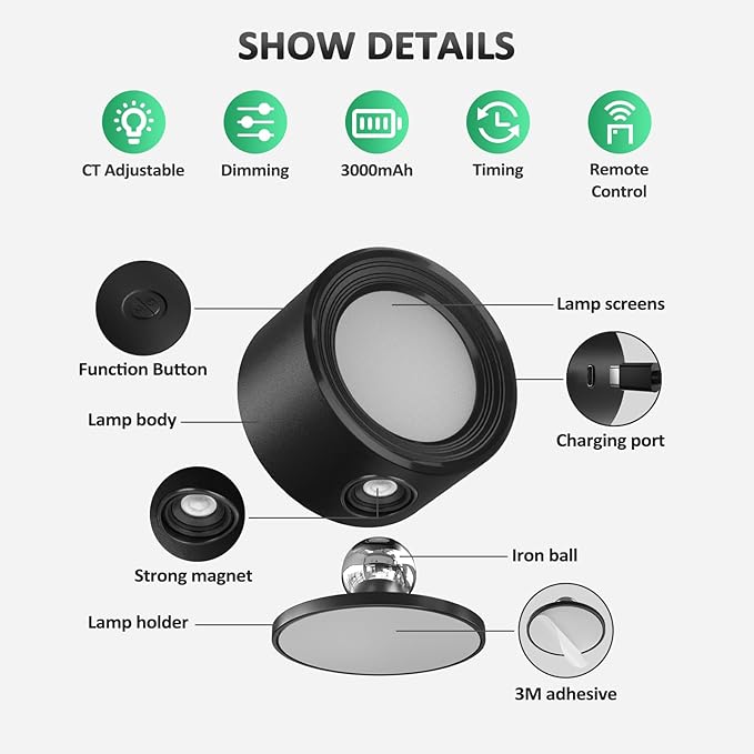 Lightbiz LED Wall Mounted Lights 3 Pcs with Remote, Wall Sconces Lamp 3000mAh Rechargeable Battery Operated, 3 Color Temperatures & Dimmable Magnetic 360° Rotation Cordless Light for Bedroom Bedside