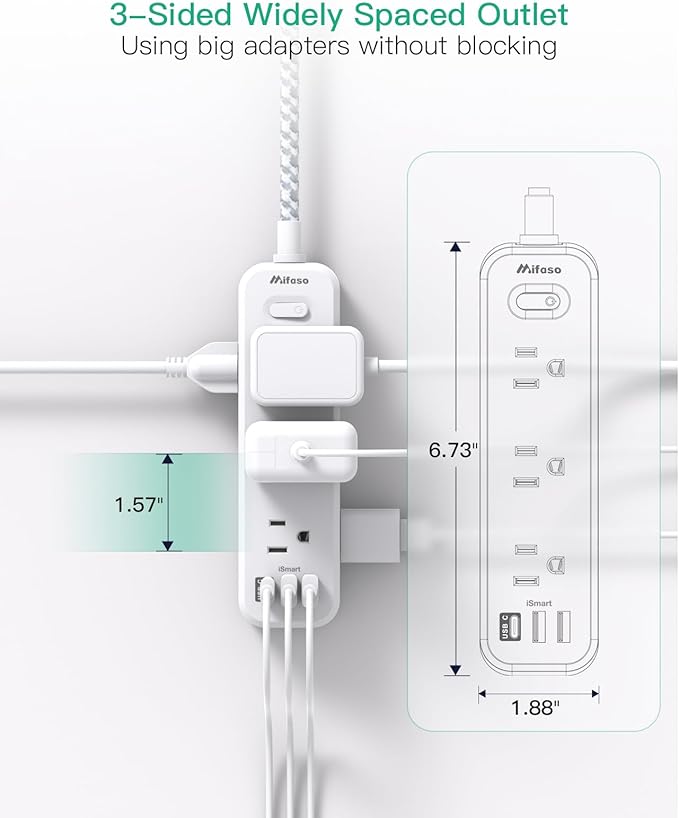 Mifaso Extension Cord, Surge Protector Power Strip, Long Extension Cord with 9 Outlets 3 USB Ports, Extension Cord with Multiple Outlets, USB Power Strip for Dorm Room Essentials, College (20FT,White)