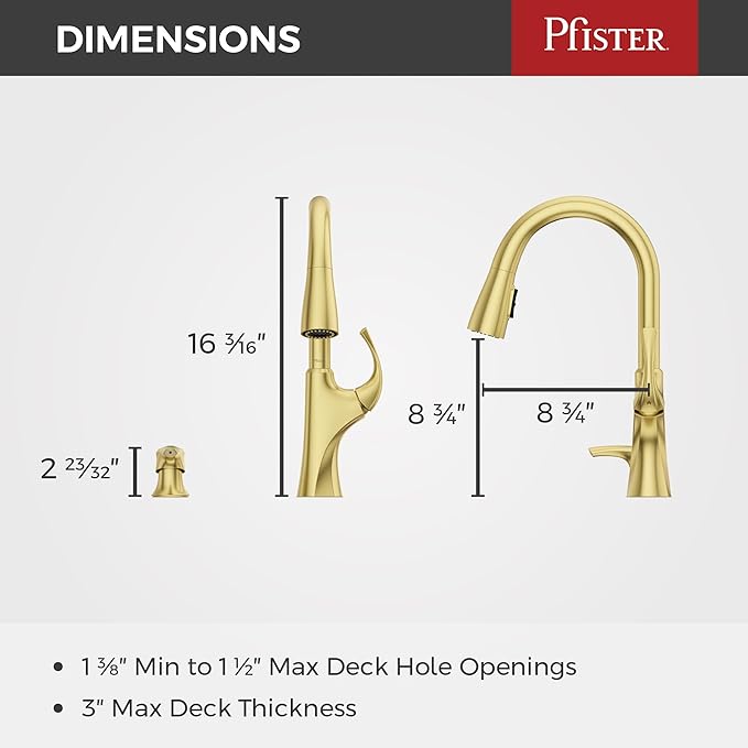 Pfister Miri 2.0 Kitchen Faucet with Pull Down Sprayer and Soap Dispenser, Single Handle, High Arc, NSF Certified, Brushed Gold Finish, F5297MRRBG