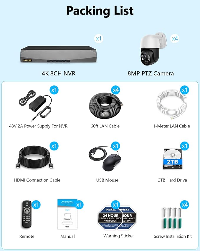 4K PT PoE Outdoor Wired Security Camera System Home Wired Cameras Video Surveillance