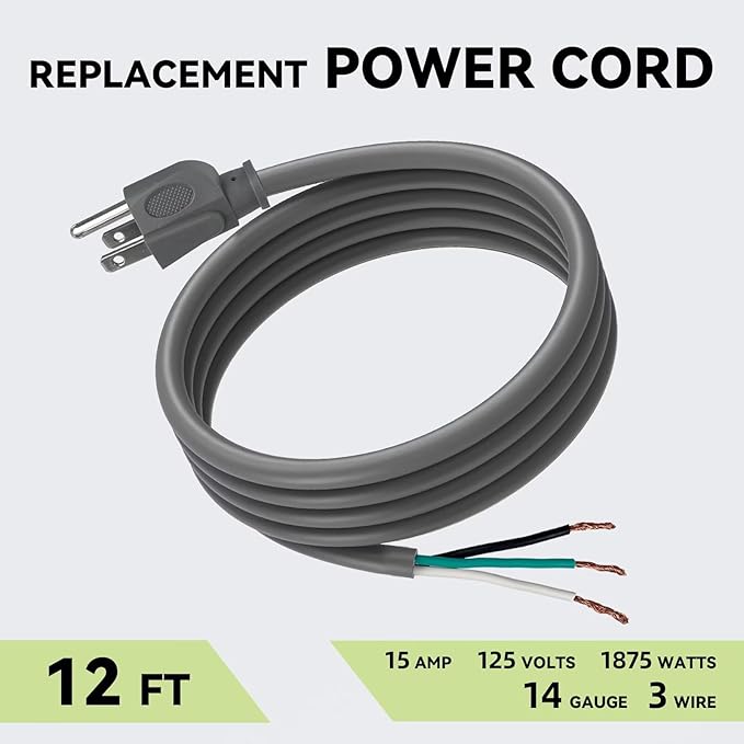 2 Pack 12 ft 14/3C SJTW Appliance and Power Tool Cord, 14 Gauge 3 Prong Heavy Duty Replacement Power Supply Cord Cable, 110V 115V 120V AC Pigtail, 15A, 1875w