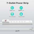 PLUGTUL Surge Protector 15FT (980 Joules), Flat Plug Power Strip, Extension Cord with Multiple Outlets, 7 Outlets, ETL Listed, 14 Gauge, Wall Mountable for Home Office Garage, White
