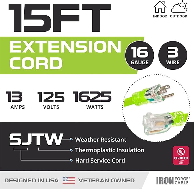 Iron Forge Cable Weatherproof 15 Ft Outdoor Extension Cord - 16/3 SJTW 13 Amp Heavy Duty Neon Green High Visibility Cable with 3 Prong - Lighted End