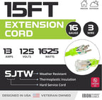 Iron Forge Cable Weatherproof 15 Ft Outdoor Extension Cord - 16/3 SJTW 13 Amp Heavy Duty Neon Green High Visibility Cable with 3 Prong - Lighted End