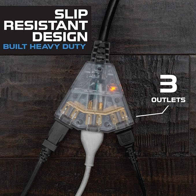 Iron Forge Cable 10 Gauge 25ft Lighted Outdoor Heavy Duty Extension Cord with 3 Outlets - 15 Amp 10/3 SJTW Black Extension Cord with Multiple Outlets