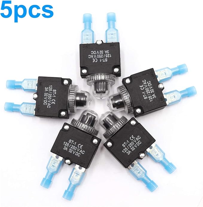 mxuteuk 5Pcs 7Amp Circuit Breakers Push Button Manual Reset 125/250V AC 32V DC,Overload Protector Switch Thermal Circuit Breakers with Quick Connect Terminals and Waterproof Button Caps ST1-5-7A